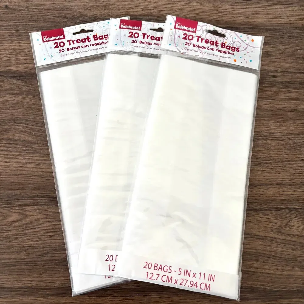 Clear Party Favor Treat Bags - Plastic - Clear with White Twist Ties - 3 Packs
